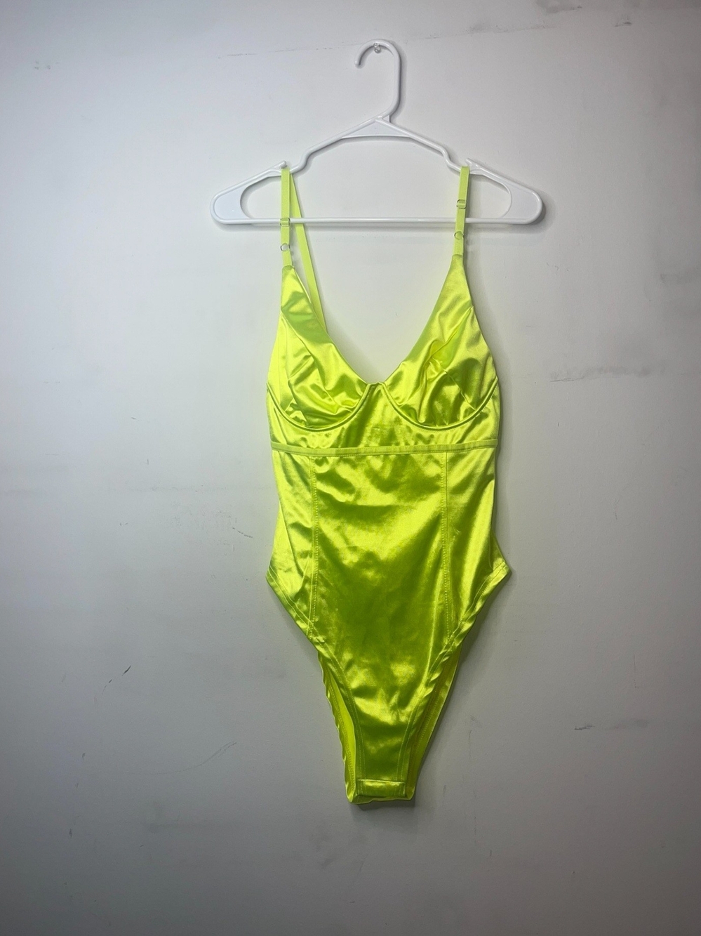 Neon Yellow Satin-Effect Bodysuit with Adjustable Straps